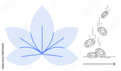 Blue lotus petal design with abstract lines paired with coins falling and moving in a forward motion. Ideal for wealth, success, growth, progress, finance, spirituality, minimalism, simple flat