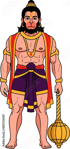 Hanuman Full Body Vector. Clean Minimal Hindu God Artwork.