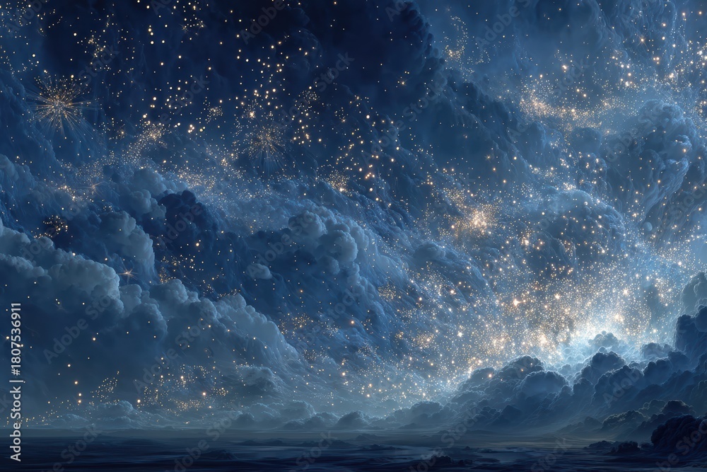 Naklejka premium Dreamlike night sky with glowing clouds and sparkling stars across a vast horizon