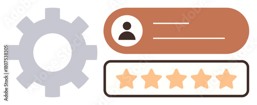 Gear icon, user profile badge, and five-star rating system for evaluating user feedback. Ideal for quality, review, user experience, service evaluation, design rating systems functionality. Simple