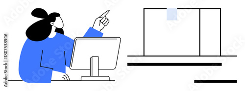 Woman working on desktop computer and directing focus to presentation screen. Ideal for education, teaching, analysis, training, workflow, research, workplace illustrations. Simple flat metaphor