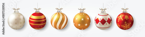 Bright red glass Christmas baubles and holiday ornaments isolated on white for winter season decoration