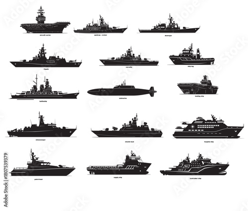 A comprehensive vector set of modern naval ship silhouettes on a transparent background