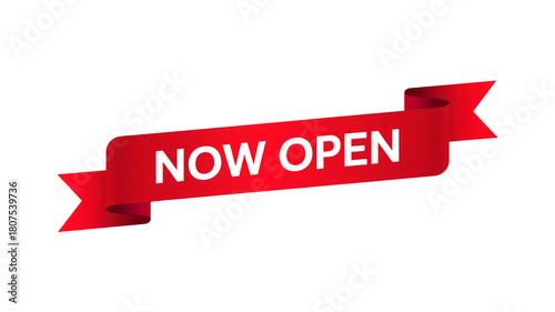 Now open red ribbon banner, great for business announcements, promotions