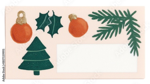 Christmas festive decoration set with orange glitter ornaments, green holly leaves, pine branch, small tree, on soft peach background; includes blank space, ideal for card, poster, wallpaper
