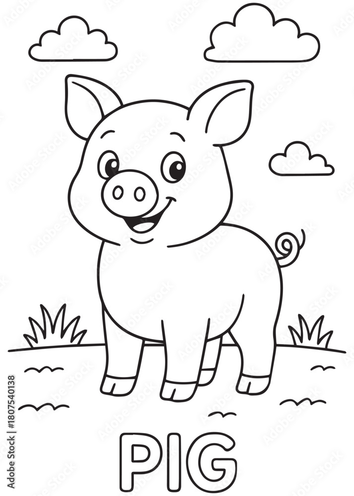Fototapeta premium Coloring book pig standing on grass under the clouds, designed for easy coloring practice.