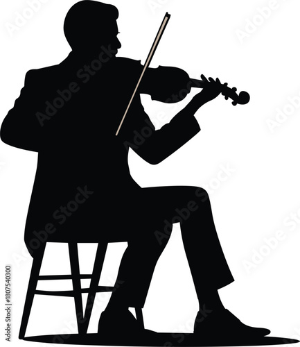 Silhouette of violinist playing seated, musical performance, string instrument, concert art, black figure, flat vector illustration