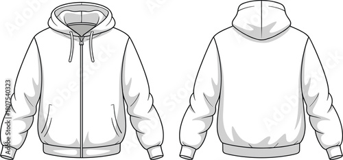 White hoodie front back view, zipper sweatshirt, casual fashion, apparel mockup, garment design, flat vector illustration, clothing template