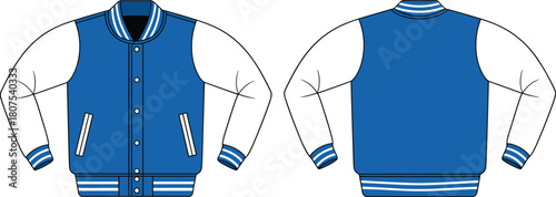 Varsity jacket front back view, blue white design, button-up apparel, fashion template, clothing mockup, flat vector illustration
