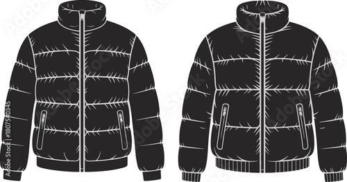 Black puffer jacket front view, winter coat design, zipper closure, quilted style, fashion mockup, flat vector illustration