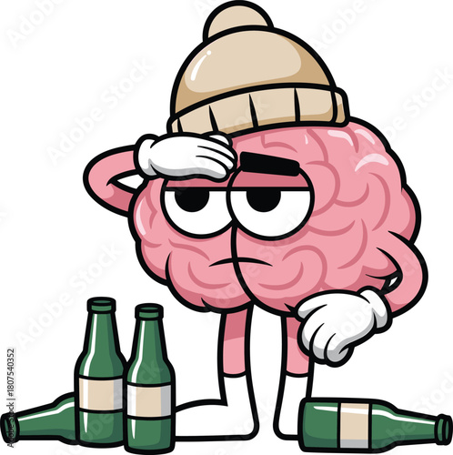 Cartoon brain hangover concept, tired expression, beer bottles, winter hat, alcohol effect, humorous design, flat vector illustration