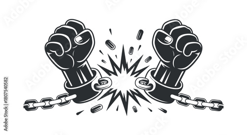 Two clenched fists breaking chain shows liberation
