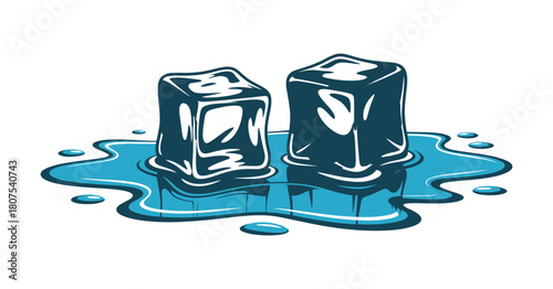Two ice cubes melting in pool of water