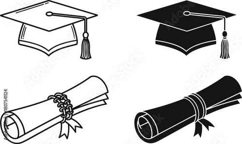 Graduation cap and diploma scroll silhouette collection, academic education symbols illustration set for ceremony, achievement, school success and university design themes