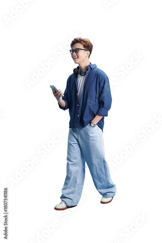Urban Explorer: A stylish person navigates the city, phone in hand, and headphones casually around their neck, radiating confidence and a modern vibe.