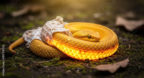 A vibrant yellow snake coiled, shedding its skin, illuminated with a soft glow.