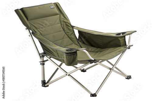 Comfortable green camping chair with cup holder isolated on transparent background