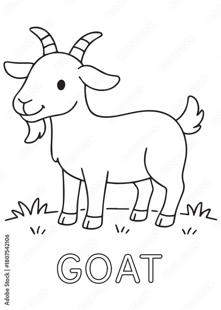 Fototapeta premium Coloring book goat standing in a grassy field, perfect for children's coloring practice.