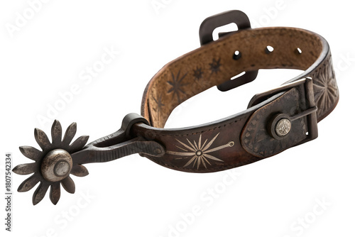 Antique western cowboy spur with leather strap isolated on transparent background
