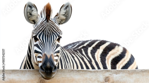  A close-up of a zebra against a white background, highlighting its distinctive stripes