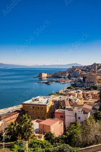 Gaeta, Latina, Lazio, Italy. A splendid view of the city. The ancient village with its houses overlooking the sea, seen from the top. The Angevin Castle at the top. The harbor with its moored boats.
