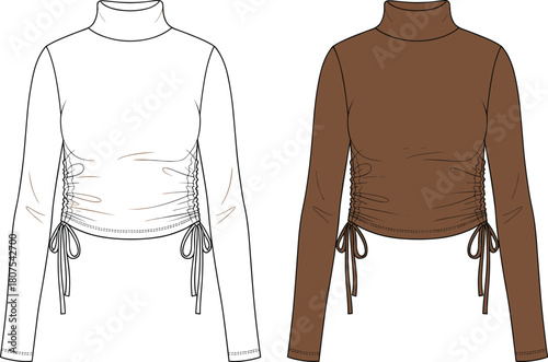 Flat vector illustration of ruched crop top, long sleeve, high neck, drawstring sides, fashion technical sketch, garment design