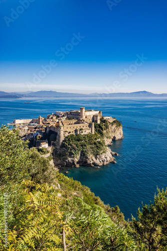 Gaeta, Latina, Lazio, Italy. A splendid view of the city from the top of Monte Orlando. The imposing Angevin-Aragonese castle dominates the ancient village overlooking the sea from the clifftop.