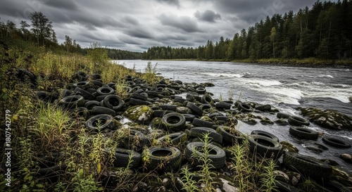 Old tires polluting a riverbank in a forest on an overcast day, highlighting environmental damage
