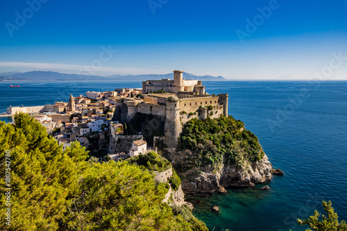 Gaeta, Latina, Lazio, Italy. A splendid view of the city from the top of Monte Orlando. The imposing Angevin-Aragonese castle dominates the ancient village overlooking the sea from the clifftop.