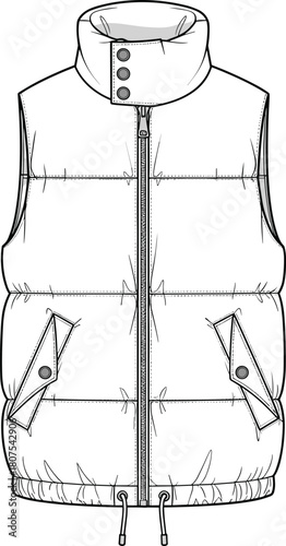 Sleeveless padded vest, technical fashion sketch, winter outerwear design, zipper front, flap pockets, high collar, drawstring hem, flat vector illustration