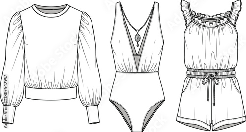 Women's fashion outfit set, blouse bodysuit romper, trendy clothing design, stylish garment sketch, flat vector illustration, apparel template