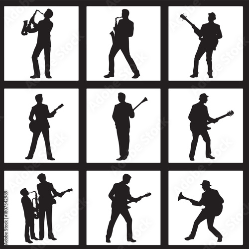 Collection of Musicians Playing Musical Instruments Black Silhouettes on White Background