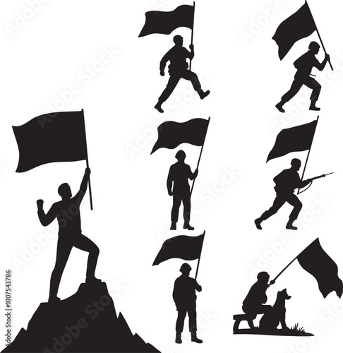 Silhouettes of soldiers with flags in various poses of victory and honor