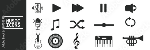 Flat vector set of music icons including instruments, controls, and audio symbols, ideal for apps, UI design, media players, entertainment projects, and music-related content.