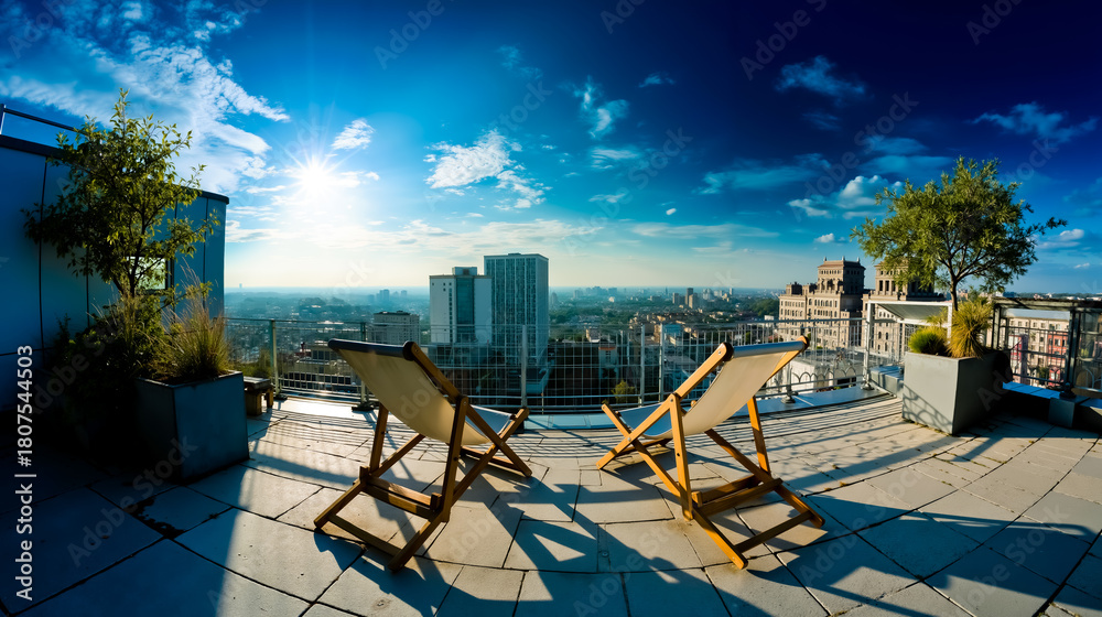 Naklejka premium A sunny day with two wooden lounge chairs facing a city skyline with a clear blue sky and some clouds