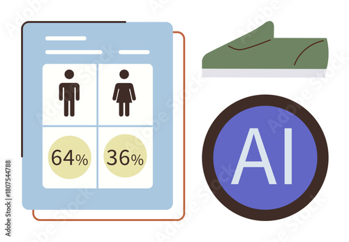Gender statistics displayed as percentages in a chart, AI badge, and green shoe visual. Ideal for data analysis, AI innovation, demographics, gender studies, business insights, technology