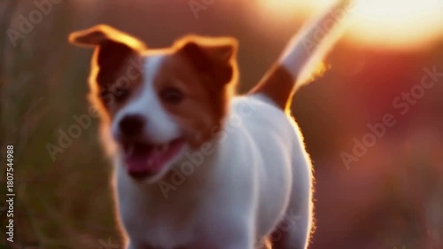 Playful Jack Russell Puppy Running at Sunset Toward Camera