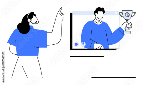 Businesswoman engages in virtual communication, interacting with a video call featuring a trophy recipient. Ideal for teamwork, leadership, online collaboration, remote work, motivation