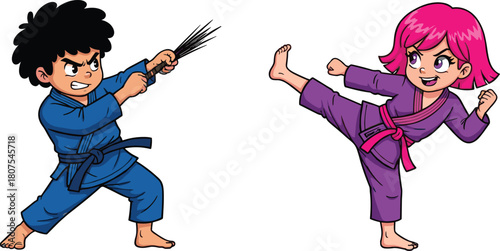 Cartoon Kids Practicing Filipino Martial Arts Vector: Boy with Kali Sticks and Girl Kicking in Dynamic Action Poses for Combat Sport Illustration