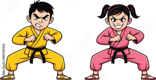 Angry Cartoon Kids Practicing Martial Arts Vector: Boy and Girl with Black Belts in Fighting Stance, Wearing Gi Uniforms for Dojo Training or Sport Competition