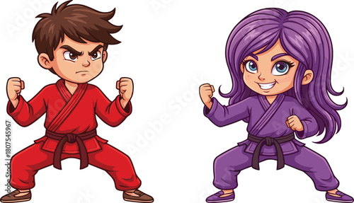 Cute Cartoon Kids Practicing Martial Arts Vector: Boy and Girl with Black Belts in Fighting Stance, Wearing Gi Uniforms for Dojo Training or Sport Competition