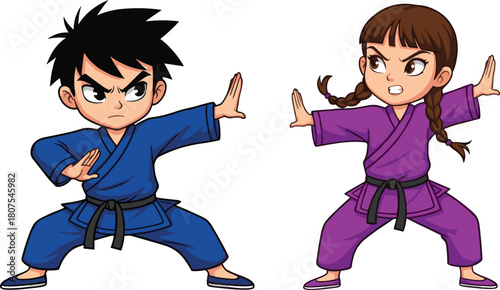 Cartoon Kids Practicing Martial Arts Vector: Boy and Girl with Black Belts in Fighting Stance, Wearing Gi Uniforms for Dojo Training or Sport Competition