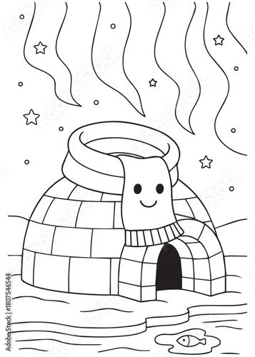 coloring book winter scarf beside warm igloo