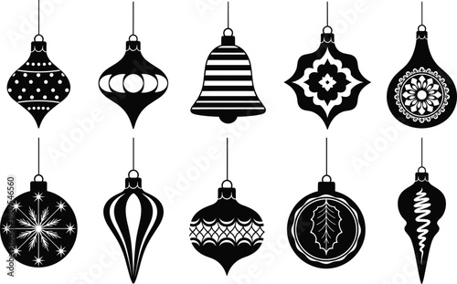 Black Christmas Ornaments Silhouette Icon Set: Collection of Vintage Decorative Holiday Balls, Bells, and Unique Shapes with Snowflake, Holly, and Pattern Cutouts
