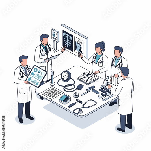 Isometric Line Art Medical Team Collaboration Meeting with Equipment Illustration
