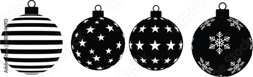 Black and White Christmas Balls Silhouette Set: Holiday Ornaments with Stripe, Star, and Snowflake Cutout Patterns for Seasonal Design Vector Graphic Icon