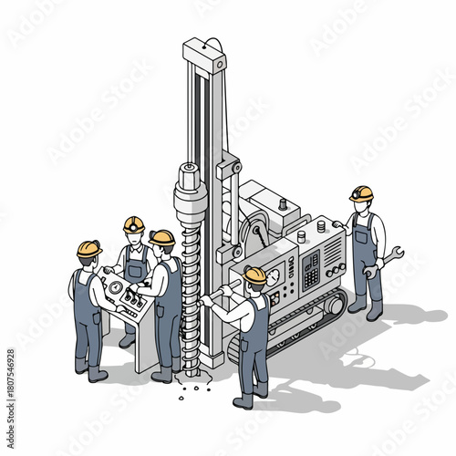 Isometric Detailed Drilling Rig and Team Working Together Illustration