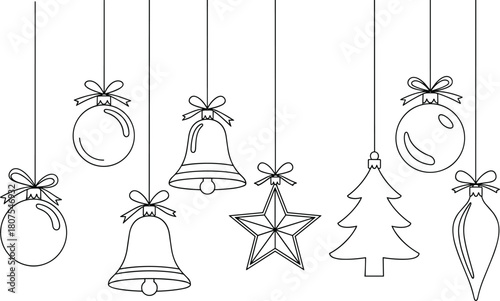 Minimalist Christmas Ornaments Line Art Set: Hanging Outline Icons of Holiday Balls, Bells, Star, and Tree with Ribbon Bows for Festive Vector Illustration