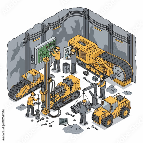 Isometric Detailed Mining Site with Heavy Machinery and Maintenance Crew Illustration