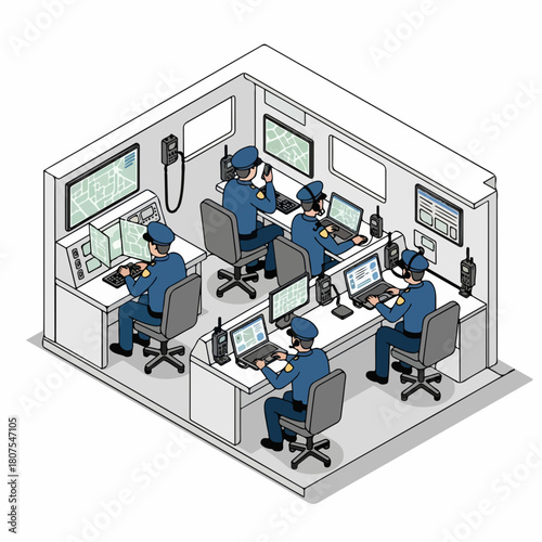 Isometric Detailed Police Control Room Security Operation Illustration